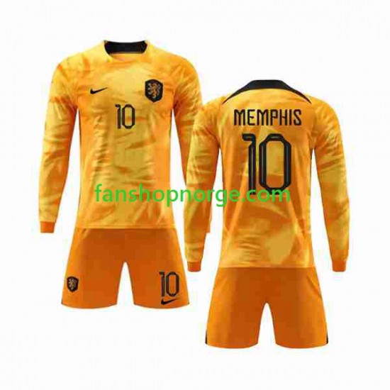 Billige Fotballdrakter Nederland Memphis 10 Barn Hjemmedrakt World Cup 2022 Langermet