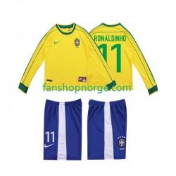 Billige Fotballdrakter Brasil RONALDINHO 11 Retro Barn Hjemmedrakt 1998 Langermet