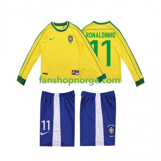 Billige Fotballdrakter Brasil RONALDINHO 11 Retro Barn Hjemmedrakt 1998 Langermet