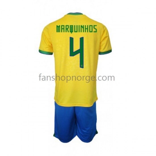 Billige Fotballdrakter Brasil Marquinhos 4 Barn Hjemmedrakt World Cup 2022 Kortermet